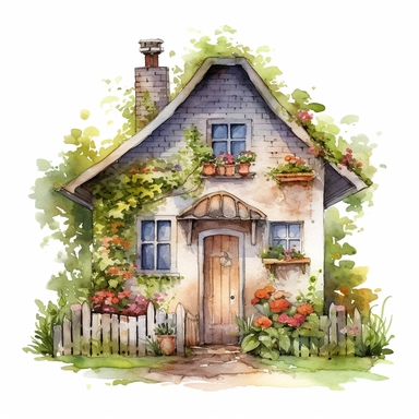 one garden house clipart digital arts on a white background, in the style of atmospheric watercolours, uhd image, vintage cut-and-paste, iconic, realistic, detailed rendering, en plein air technique, charming characters , no watermark, text, 300 DPI , typography, shapes do not stick together, no text in the picture, on a white background