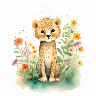 Watercolor illustration of a adorable happy full body cheetah, garden, organic forms, muted tones, soft, hazy brushstrokes, bruno munari, tsubasa nakai, simple designs, bloomcore, clipart, isolated on a white background, hd, beautiful