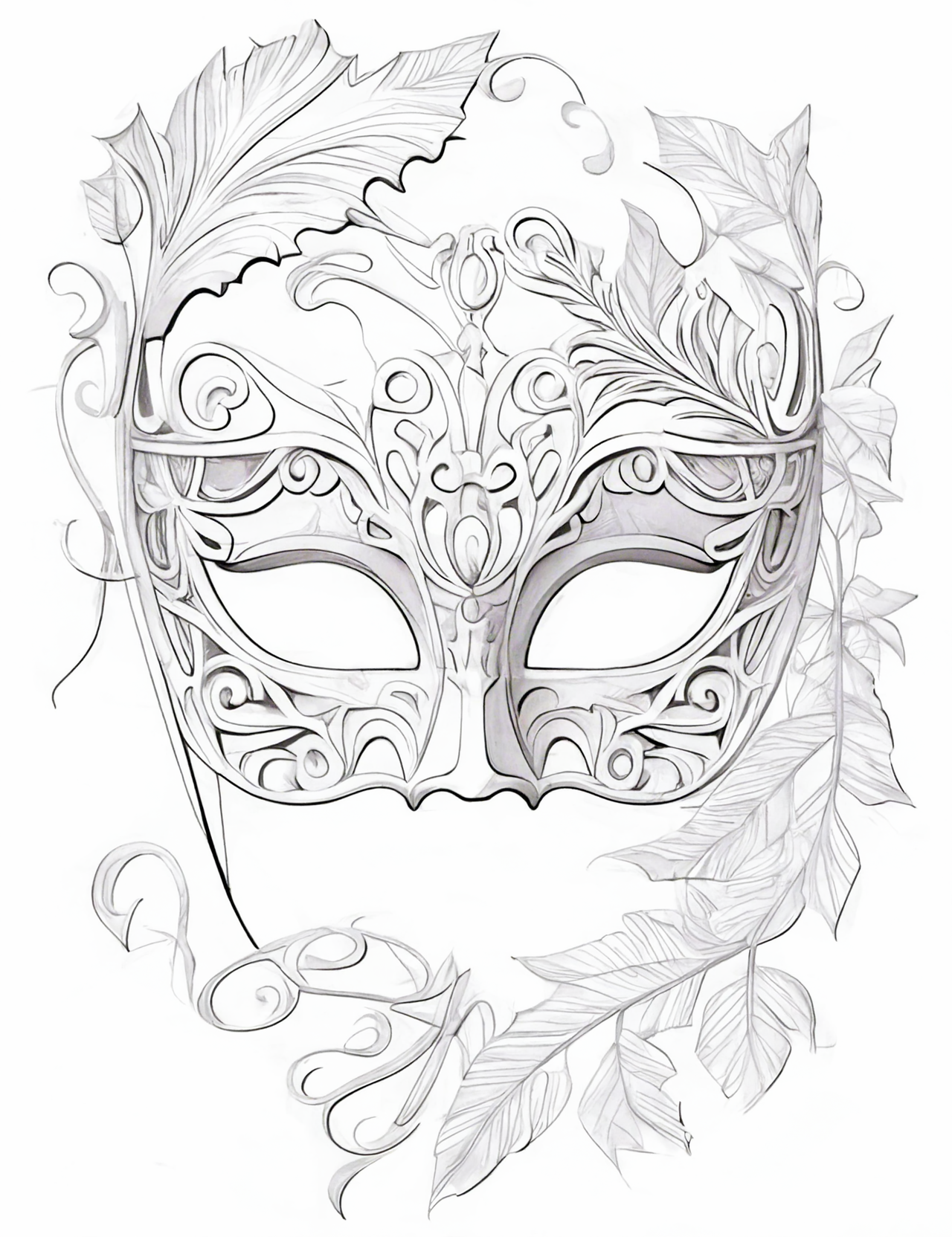 white coloring page of a white masquerade mask with intricate cut-outs ...