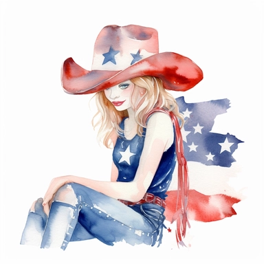 watercolour usa patriotic cowboy girl clipart, hd, on white background, spaced out ar 3:2 s 1000
