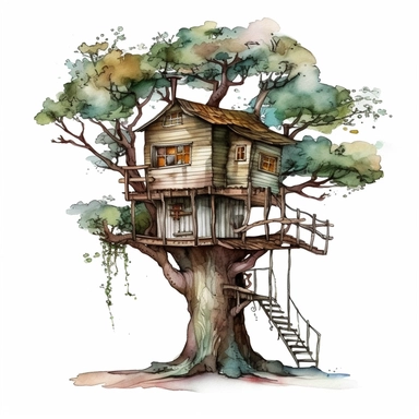 watercolour treehouse clipart illustration, on an isolated clean white background, with black ink outline and black border, cut out
