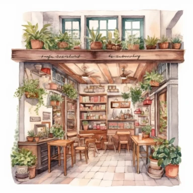 Italian vintage shop clipart, cozy, Watercolor, detailed, interior design, Italian cafe interior clipart, Italian cafe illustration, white background, no caption, no text