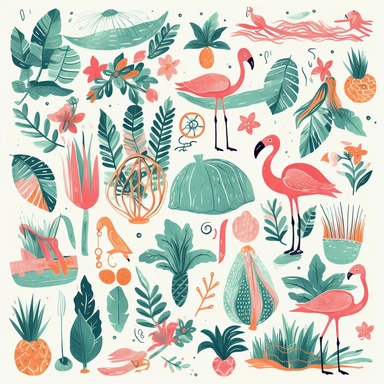 clipart collection of fun tropical set, elements, dotted, no background, thick lines, simple style, watercolors, flat illustrations, ink pen outlines, no shading, washed-out, no text,
