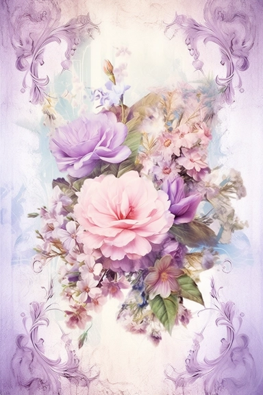 vintage shabby damask narrow floral clipart vignette along the sides and the corners of the picture, little cute bright oil painting style blooming lilac vignette, soff pastel blank center of the picture,