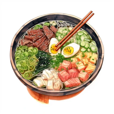 ramen in bowl clipart with toppings like sliced beef, green onions, nori, and a flavorful broth, white background vibrant watercolour, hight detail, 32K, HD