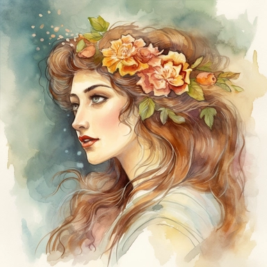 from shoulders up full head shot fantasy art nouveau style demure princess looking away and looking upwards with flowers cascading down her long flowing hair all the way to her shoulders in a classical early 20th century portrait painting style watercolor clipart no words no fonts no letters