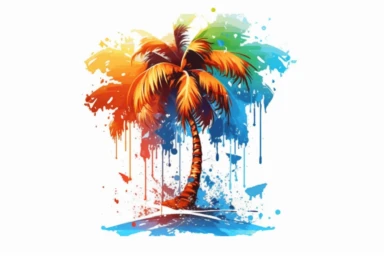 artwork of t shirt graphic of majestic palm tree in painting style of Leonid afremov, island, sea waves, water splashes, white background, colorful shades, highly detailed clean, vector image, photorealistic masterpiece, professional photography, realistic, flat white background, isometric, vibrant vector, clipart, illustration, realism, 4k, surrealism, cinematic, front view, white background