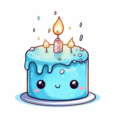 clipart kawaii birthday cake, blue with candle, watercolor, simple, white background, black outline