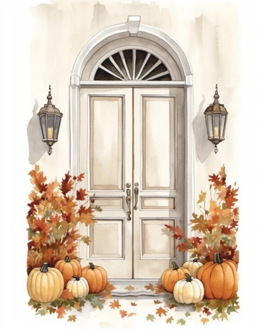 White front door, pumpkins, autumn leaves, beige color, watercolor, clipart, white background