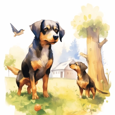 : Show Large dog and smaller dog who is an older golden and black beagle dog, standing near the fence, with the squirrel sitting on a tree branch above. Show the golden-colored squirrel up in the tree. happy, warm, children's book illustration watercolor style, clipart, realistic, isolated on white background, 4K