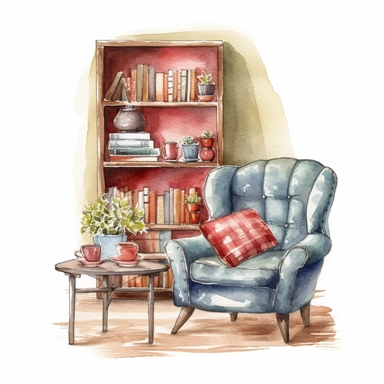 watercolored clipart,a cozy romantic reading corner with a comfortable armchair, a bookshelf and a cup of Coffee