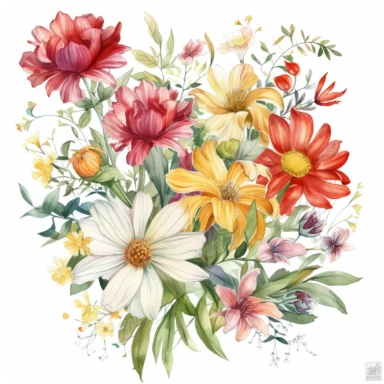 watercolor summer flowers bouquet clipart, Combine a mix of colorful blooms like roses, daisies, lilies, and carnations, bold outlines, white background, 8k -