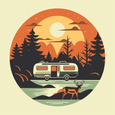 A retro-style logo of an RV parked in a forest, with trees, a deer, Indiana Jones, clipart, and the sun in the background. The art style is minimalist and iconic, with simple shapes and bold colors. The artist who inspired this logo is Paul Rand. The scene depicts the RV parked by a river, with trees and mountains in the background. The color temperature is warm, with shades of orange, brown, and green creating a sense of coziness and comfort. The deer is standing next to the RV, looking out at 