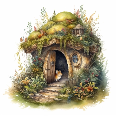 high level watercolor, hyper realistic, white background with margins, 8k, ultra detailed clipart, A charming, woodland creature's burrow, with a tiny, moss-covered door and a welcoming glow from within, fairy, dark green