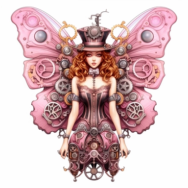 Beautiful Pink Steampunk Butterfly Sublimation Girl Clipart ,Cartoon,hyper realistic, intricate detail, illustration style,high solution,on the white background