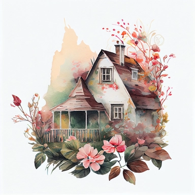 Vintage house with flowers watercolor clipart, pastel color, vibrant, watercolor, 8k, white blank background