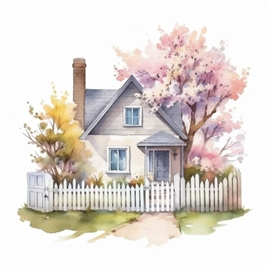 clipart, isolated on white background, beautiful cute Watercolor Spring Cottage - cute little house with fence and chimney, tree and flowers, ornated, pastel colors