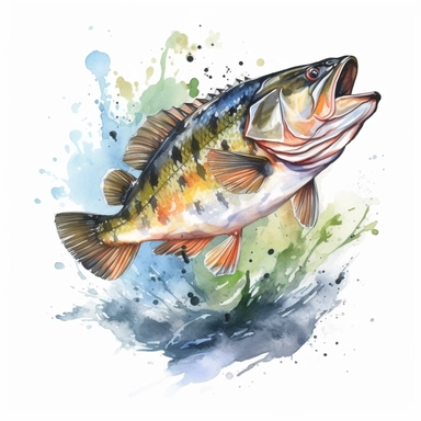 a Jumping Bass Fishing watercolor Clipart sublimation clipart graphic, full  body, clipart, sticker, a single picture, cartoon style, highly detailed,  8k, one image in the frame--no text in the picture-- - Clip