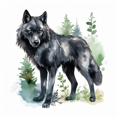 a watercolor of a realistic black dire wolf with green eyes in a pine forrest, wild life Style, vector free clipart illustration, in the style of unreal engine 5, 32k uhd, detailed features, white background