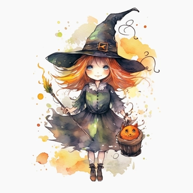 Cartoon Witch Clipart, with white Background, 8K, watercolor, HD,