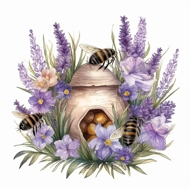 hand drawn beehive, bumblebees, purple flowers and grass, very detailed, very realistic, watercolor, clipart style