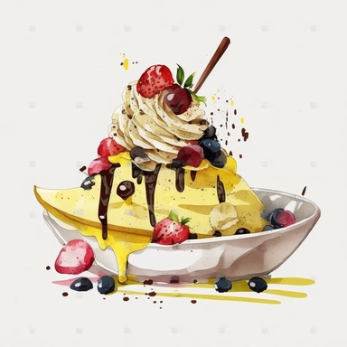 banana split in a dish, watercolor clipart, transparent background,
