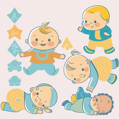 there is a clipart of baby development, from swaddled newborn to toddler, no text, only detailed animated image, the image startes with a swaddled newborn baby, next to it there is a baby placed on tummy, on the floor, next to it there is a happy crawling baby, next there is a toddler baby, the last in the line is walking baby, very happy, the walking baby is dressed with long red shroud on the toddler shoulder, looking into me, cartoon style.