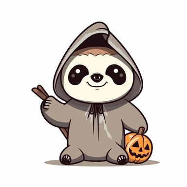 clip art, cute little sloth, Halloween, trick or treating. pixar style, simple, comic book flat vector, white background
