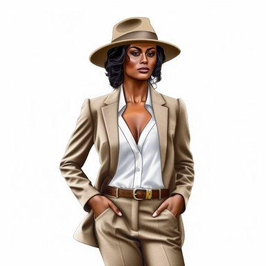 African american women wearing suit and fedora hat Boss lady clipart modern fashion style anatomically correct realistic isolated white background