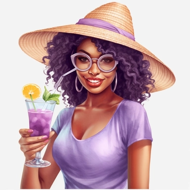 pretty black girl, Sun Straw Hat Wide Brim Summer Hat Foldable Roll up Floppy Beach Hats, pretty, holding a cocktail drink, lilac outfit, 4k, hd, clipart