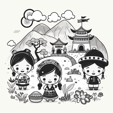 Landscape, simple, traditional costume, local food, animal, educational, history, and cultural diversity, clipart style, cute, picture book style, captivating, kid friendly cute character, black and white, coloring book, not color style, cartoon style, vector image, simple, line art style, character, white background