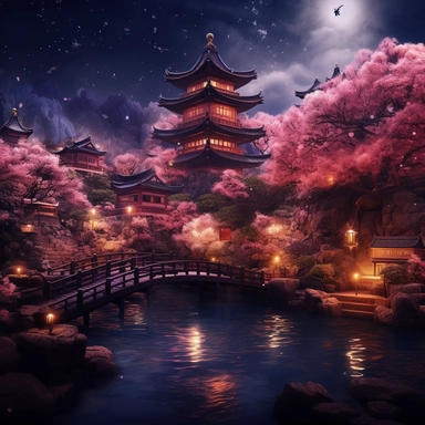 masterpiece, best quality, high quality, extremely detailed CG unity 8k wallpaper, classical chinese garden at night, scenery, spring, ((pink leaves on trees)) ,outdoors, sky, night, landscape, water, tree, night sky with stars, waterfall, nature, lake, river, clear sky, (((people wearing kimonos in the foreground, large corsair spaceship hovering in the sky in the background))), award winning photography, Bokeh, Depth of Field, HDR, bloom, Chromatic Aberration ,Photorealistic,extremely detailed