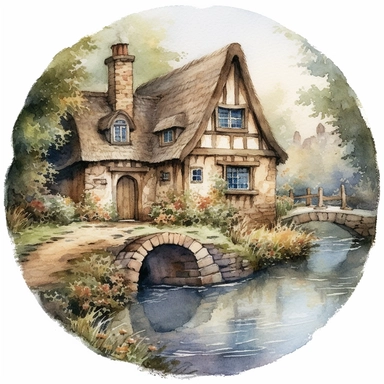 watercolor clipart artwork showcasing the beauty of an ancient medieval cottage surrounded by nature's tranquility. The cottage, situated alongside a calm and meandering river, features a charming waterwheel that turns gracefully, adding a touch of whimsy to the scene. The artist's meticulous attention to detail brings the rustic cottage to life, with textured stone walls, a thatched roof, and vibrant vegetation. Against a pure white background, the watercolor medium creates a soft and dreamy at
