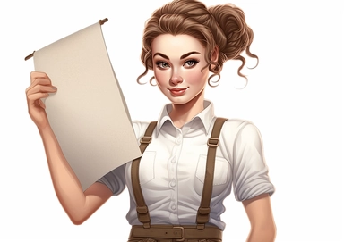 Cartoon Clipart of beautiful girl with braided hair, girl holding a blank board on white background, Norman Rockwell style is 20 years old holding white sheet poster, in the style of street style realism, uhd image, illustrated advertisements, eye-catching composition, photorealistic detail, light silver and brown, matte photo