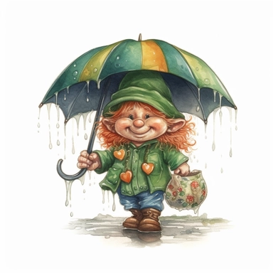 Cute Adorable magical little leprechaun holds laterally a umbrella in his hand wears a raincape and stand in the rain on a country road, clipart, photorealistic illustration, watercolor, high detail, 8k polished, 8k, vibrant colors, white background