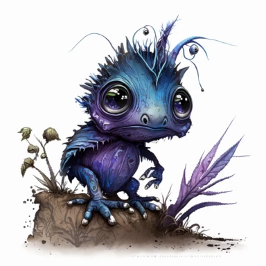 ink wash cute creature clipart on transparent background, rodney matthews style, no splash, black inky blue purple violet green, single sheet, 4k