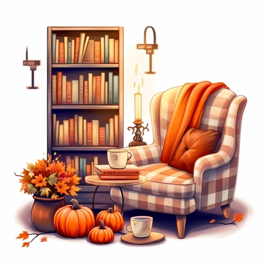 A fall setting with a cozy chair, pumpkin spice latte, books, candles and thematic assets. On white background, golden hour, pixel art , style by Lucy Fleming, watercolor, smooth gradients, black contour outline, ultra detailed, clipart elements, delicate pastel colors, solid white background, super clear, high quality