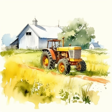 detailed watercolor yellow farm tractor on farmland on a summer day clipart