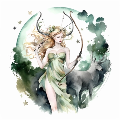 A watercolor clipart of Artemis, the Greek goddess of the hunt and the moon, depicted with a fierce and determined expression, adorned with a crescent moon crown and holding a bow and arrow, surrounded by a forest of tall trees and woodland creatures, capturing her connection to nature and her role as a protector