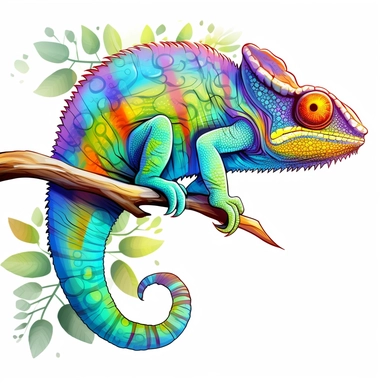 chameleon, clipart, detailed, curled tail, on a branch, clean lines, vibrant, white background