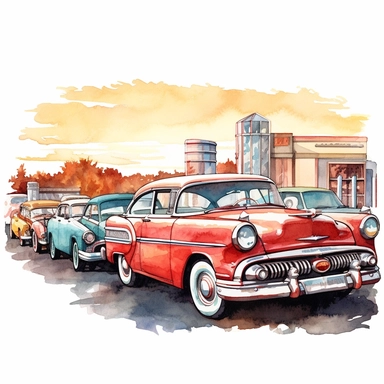 A nostalgic drive-in theater movie screen, showcasing a classic movie and surrounded by vintage cars, clipart, watercolor, white background, american style