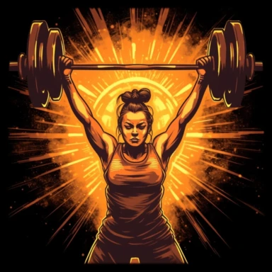 T shirt design, female olympic weightlifting lifting the barbell above head, gym, equipment, lights, clipart