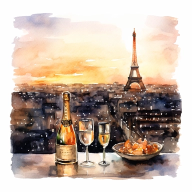 champagne bottle on table looking over paris at night watercolor clipart, white background