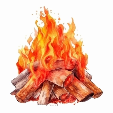 isolated illustration on a white background, a hyper realistic camp fire rich orange red and beige warm colors , Clipart, watercolor realistic and highly detailed, natural realistic warm colors