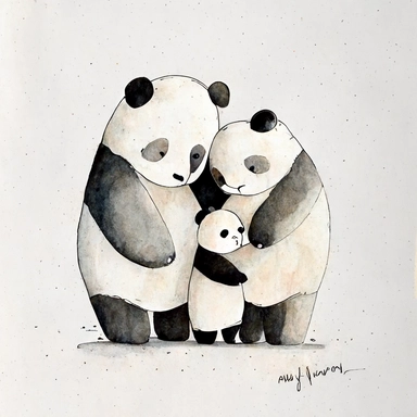 watercolor and ink drawing of a portrait of a family of three happy panda bears, one mom bear, one dad bear, one baby bear, clipart, embracing each other, cute pose, cartoon, doodle, happy, smiling, beautiful watercolor ink wash coloring, thick pencil lines, Jon klassen, Adrian tomine, popular on etsy, watercolor illustrations clipart, watercolor illlustrations for kids and children, book illustrations, plain white background