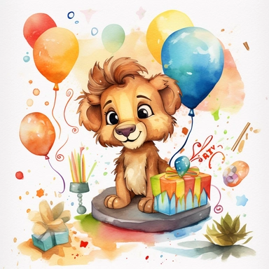 Theme: watercolor clipart | Concept: happy birthday | Emotions: cute, happy, celebrating , joy, funny | Scene: cute lion | Style: pixar style | ultra detailed