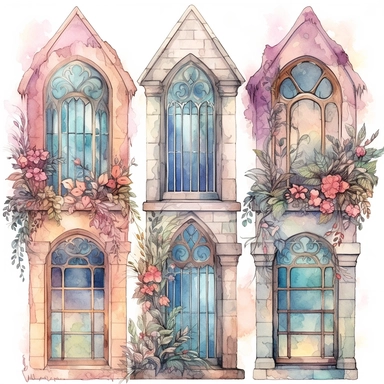 watercolor pastel fairytale windows clip art