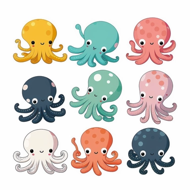 cute octopus clipart, gouache, simple, white background, one octopus, eight limbs