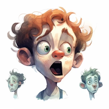 watercolor , illustrations clipart, white background, character emotion sheet, front view , sad, considerate, happy, moved, afraid, unhappy, suprised, shocked, shy, thoughtful, phonics mouth movements, laughing, speaking, one eye closed,