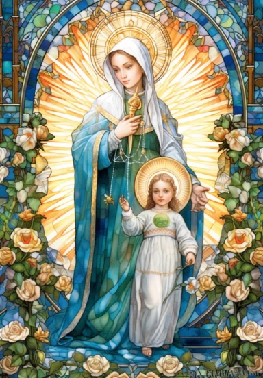 A sharp photograph of an expensive portrait, pay particular attention to the shape of your hands, less watercolor stained glass Madonna and child with matching crowns full body clipart, the Madonna is wearing a medium aquamarine blue mantle with bright white stars on it and the child is wearing a bright white robe, behind them is shimmering bright light, around many blue roses, highly detailed, white background, in the style of Catholic religious art, artist Andrea Lezcano, Vincent Van Gogh, in 